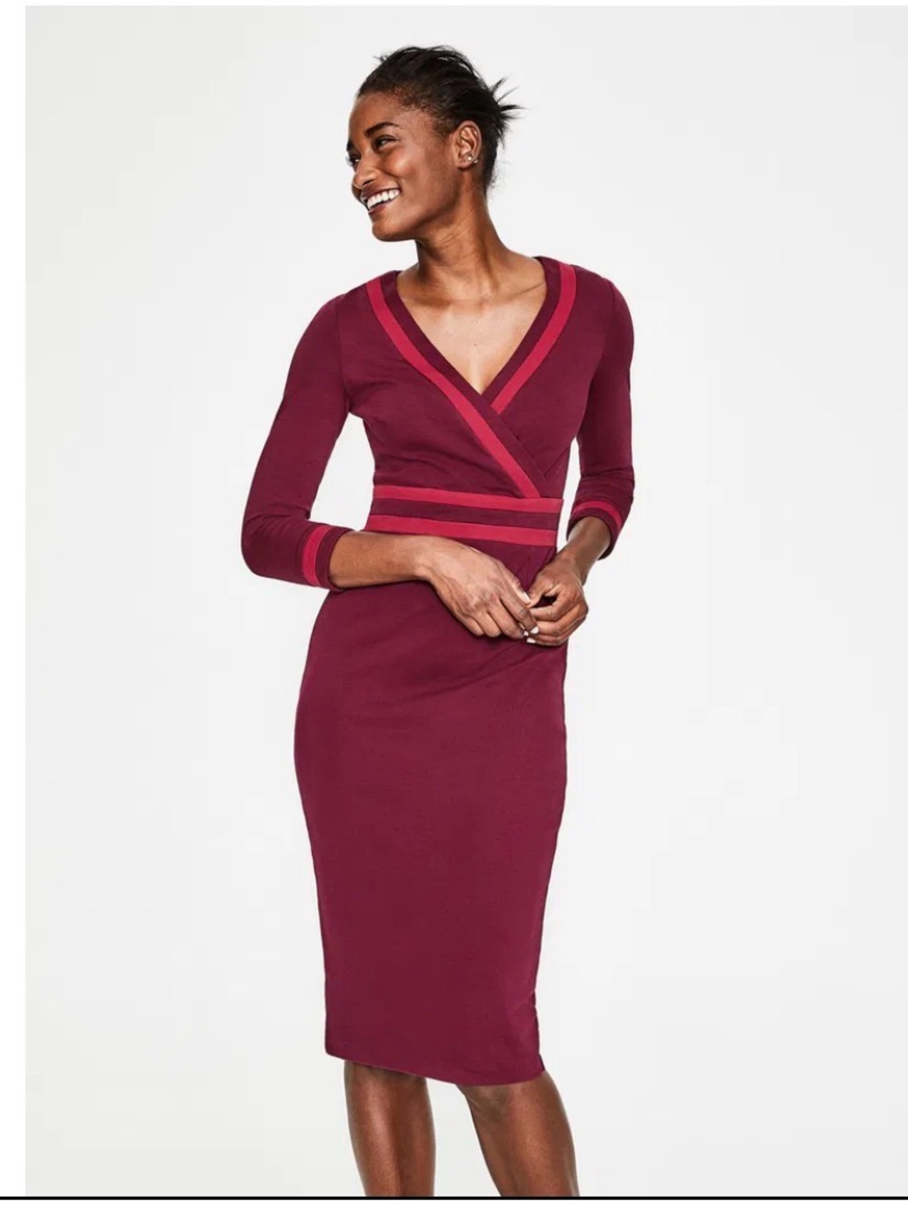 Boden Burgundy Wrap-Trim Ponte Midi Dress